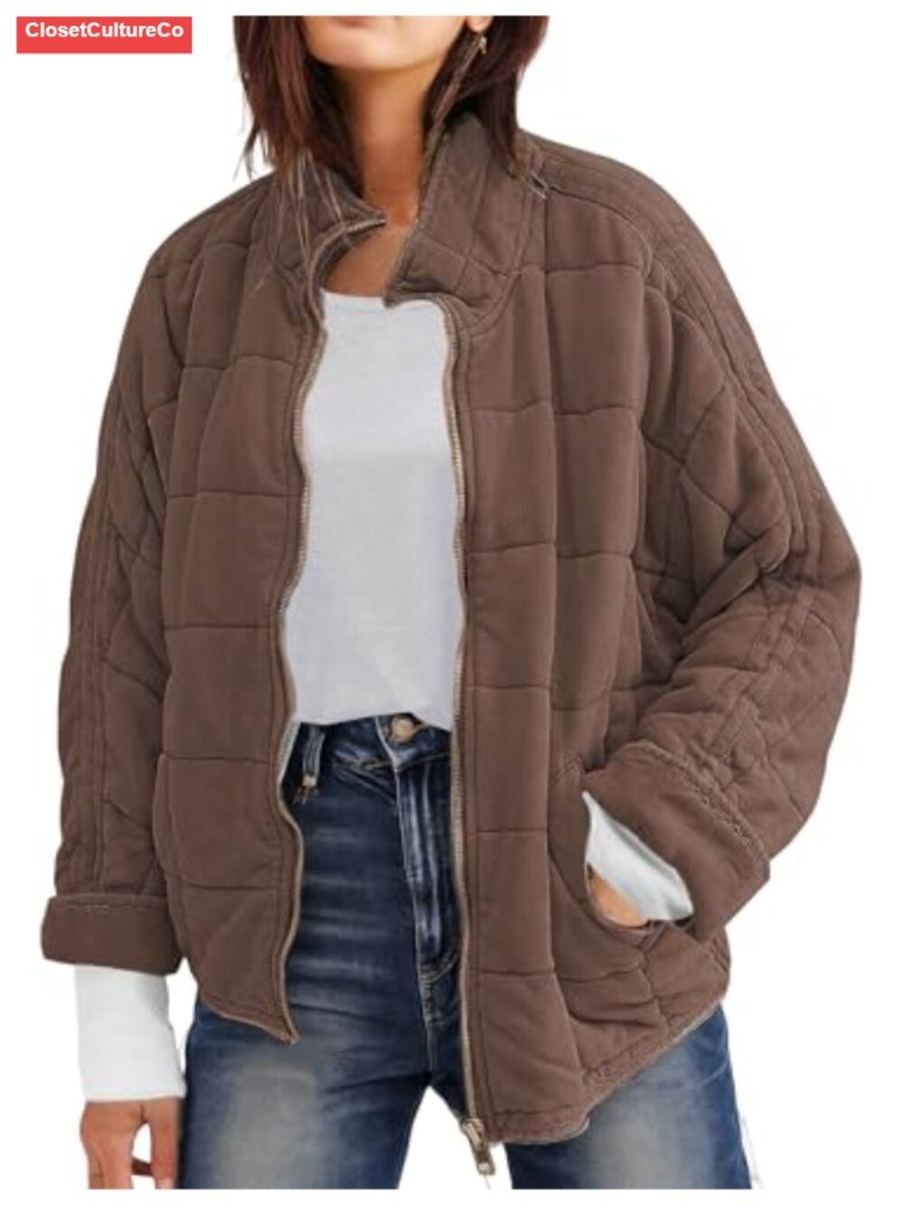 Womens Quilted Lightweight Puffer Jacket Full Zip Stand Collar Loose Warm